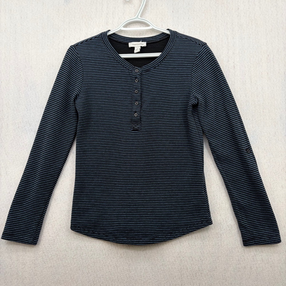 Vintage America Womens Small Henley Top Black Blue Striped Long Sleeve Slub Knit